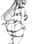  1girl ass blush bra breasts commentary_request curvy flying_sweatdrops fujiwara_no_mokou garter_belt greyscale haseru_(ginku_mh) heart highres large_breasts long_hair monochrome panties panty_pull ponytail simple_background solo sweat thighhighs touhou underwear 