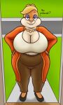  anthro belly big_breasts bottomwear breasts cardigan cleavage clothed clothing eyeshadow female hi_res jewelry lagomorph leporid looking_at_viewer makeup mammal mature_female necklace oystercatcher7 pants patricia_bunny rabbit slightly_chubby solo the_looney_tunes_show thick_thighs warner_brothers 