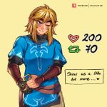  1boy absurdres akaihimi arm_guards blonde_hair english_text highres like_and_retweet link meme one_eye_closed pointy_ears smile the_legend_of_zelda the_legend_of_zelda:_tears_of_the_kingdom twitter_strip_game_(meme) unbuckling undressing upper_body 