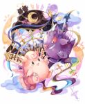  angel_and_devil animal_focus bow brown_eyes candle clefairy coco7 colored_sclera commentary crescent_moon cross curly_hair demon_wings english_commentary flower gengar grin heart holding_hands looking_at_another moon no_humans open_mouth pink_flower pink_fur pokemon pokemon_(creature) purple_fur red_sclera slit_pupils smile teeth white_background white_bow wings 