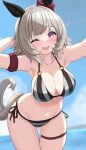  1girl animal_ears bikini blurry blurry_background blush breasts character_request cleavage collarbone commentary_request grey_hair highres kibihimi large_breasts navel one_eye_closed open_mouth sky solo swimsuit tail umamusume wet 