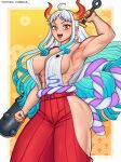 1girl armpits ass ass_visible_through_thighs blue_hair blush breasts cheekie club_(weapon) earrings highres hip_vent horns japanese_clothes jewelry large_breasts long_hair looking_at_viewer multicolored_hair muscular muscular_female nail_polish one_piece orange_eyes rope_belt sideboob solo sweat two-tone_hair weapon white_hair yamato_(one_piece) 
