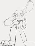  anthro bdsm clothed clothing disney dominant dominant_female dotkwa female first_person_view grey_background judy_hopps lagomorph leash leporid looking_at_viewer mammal panties rabbit simple_background sketch solo topless underwear zootopia 