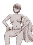  1girl birin_nada breasts collarbone hands_on_own_hips head_tilt holding holding_towel kogawa_masayoshi leg_up long_hair looking_at_viewer nipples panties sentou_mecha_xabungle sepia simple_background solo standing topless towel underwear water wet white_background 
