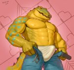  abs aduran anthro belt blue_markings bottomwear clothed clothing crocodilian erection erection_under_bottomwear erection_under_clothing green_body hi_res looking_at_viewer male markings multicolored_body muscular muscular_anthro muscular_male navel nipples pants pecs pink_background pupils reptile scalie simple_background slit_pupils solo spiked_tail spikes spikes_(anatomy) tail teeth two_tone_body underwear undone_belt yellow_sclera 