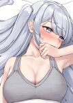  1girl bra breasts cleavage fuyutsuki_(kancolle) grey_bra grey_eyes grey_hair highres kantai_collection kiritto large_breasts long_hair looking_away looking_to_the_side lying one_side_up solo sweat underwear upper_body very_long_hair 