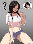  ? artist_name beautiful_gunbari black_hair blue_shorts breasts denim denim_shorts gradient_background han_soi kim_gaeul large_breasts long_hair marheit midriff navel open_fly pointing pointing_at_self shorts sitting spoken_character thought_bubble torn_clothes torn_shorts white_hair 