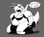  2021 2_horns 3_toes 4_fingers 6:5 aggron aliasing anthro belly big_belly big_breasts biped black_eyes black_outline blue_sclera breasts cel_shading dialogue digital_media_(artwork) elemental_creature english_text feet female female_anthro fingers front_view full-length_portrait generation_3_pokemon grey_background heart_(marking) heart_after_text horn innuendo kneeling looking_at_viewer looking_down markings metal metal_creature mineral_fauna mona_(thatoneaceguy) mouth_closed navel nintendo nude obese obese_anthro obese_female outline overweight overweight_anthro overweight_female pokemon pokemon_(species) pokemorph portrait shaded shadow sharp_horn simple_background solo tail text thatoneaceguy thick_thighs tilde_after_text toes white_body 