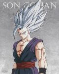  1boy absurdres character_name commentary_request dougi dragon_ball dragon_ball_super dragon_ball_super_super_hero furrowed_brow gohan_beast grey_hair highres long_hair male_focus muscular muscular_male pectorals red_eyes salvamakoto serious signature solo son_gohan spanish_commentary spiked_hair upper_body widow&#039;s_peak wristband 
