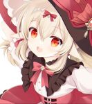  1girl :d blonde_hair bow commentary_request genshin_impact hair_between_eyes hair_bow hat hat_bow high-waist_skirt klee_(blossoming_starlight)_(genshin_impact) klee_(genshin_impact) long_hair low_twintails pointy_ears puffy_short_sleeves puffy_sleeves red_bow red_eyes red_headwear red_skirt shirogane_hina shirt short_sleeves simple_background skirt smile solo striped striped_bow teeth twintails upper_teeth_only white_background white_shirt witch_hat 