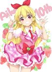  1girl absurdres aikatsu! aikatsu!_(series) blonde_hair blush bow collared_shirt commentary_request food frilled_skirt frills fruit grin hair_between_eyes hair_bow hairband hand_up highres hoshimiya_ichigo idol_clothes index_finger_raised kawahara_natsuki long_hair looking_at_viewer necktie ok_sign pink_skirt pink_vest pleated_skirt puffy_short_sleeves puffy_sleeves red_bow red_eyes red_hairband red_necktie shirt short_sleeves skirt smile solo standing strawberry teeth vest white_shirt wrist_cuffs 