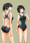  2girls absurdres amagami ass black_eyes black_hair black_one-piece_swimsuit bob_cut breasts brown_eyes closed_mouth commentary_request competition_swimsuit covered_navel eating food from_behind highres looking_at_viewer medium_breasts mori_heichi multiple_girls nanasaki_ai one-piece_swimsuit ponytail popsicle short_hair smile swimsuit tsukahara_hibiki two-tone_swimsuit 