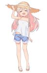  1girl :d absurdres bare_arms bare_legs bare_shoulders blue_shirt blue_shorts braid camisole closed_eyes collarbone commentary facing_viewer flat_chest flip-flops full_body hand_on_headwear hat highres kiirogreen long_hair no_socks onii-chan_wa_oshimai! open_mouth oyama_mahiro pink_hair sandals shirt short_shorts shorts side_braid simple_background single_braid smile solo strap_slip straw_hat white_background white_camisole 