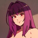  1girl akairiot bare_shoulders collarbone fate/grand_order fate_(series) hair_intakes highres long_hair looking_at_viewer partially_shaded_face portrait purple_hair red_eyes scathach_(fate) smile solo 