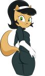  2023 anthro black_hair bottomwear butt clothed clothing digital_drawing_(artwork) digital_media_(artwork) domestic_cat felid feline felis female fur gloves gold-white-kott green_eyes hair handwear hi_res jacket kitty_katswell looking_at_viewer looking_back looking_back_at_viewer mammal nickelodeon pants simple_background solo standing t.u.f.f._puppy tan_body tan_fur topwear white_background 