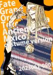  1boy black_nails black_pants blonde_hair bracer cowboy_hat english_text fate/grand_order fate_(series) hat jewelry long_hair looking_at_viewer male_focus medallion orange-tinted_eyewear orange_background pants poncho ring simple_background smile solo sunglasses tezcatlipoca_(fate) tinted_eyewear tokimoon upper_body 