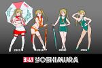  1girl absurdres armband bakuon!! blonde_hair boots bracelet clothes_writing clothing_cutout collarbone earrings english_text full_body green_footwear green_one-piece_swimsuit green_skirt green_tank_top grey_background hand_on_own_hip highres holding holding_umbrella jewelry knee_boots long_hair looking_at_viewer midriff miniskirt multiple_views navel one-piece_swimsuit open_mouth orange_shorts orange_tank_top planted planted_umbrella product_placement red_eyes red_skirt red_tank_top sakuma_masanori shorts side_cutout simple_background skirt smile standing suzunoki_rin swimsuit tank_top teeth triangle_mouth twintails two-tone_skirt umbrella upper_teeth_only white_footwear white_skirt white_tank_top 