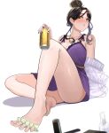  1girl babydoll barefoot black_hair blush breasts camisole can cardigan cleavage collarbone drunk feet frilled_babydoll frills highres holding holding_can knee_up large_breasts legs lingerie long_hair looking_at_viewer negligee nekotokage nightgown nijisanji open_cardigan open_clothes orange_eyes purple_babydoll shirayuki_tomoe shirayuki_tomoe_(7th_costume) solo spaghetti_strap spread_toes toenails toes underwear underwear_only virtual_youtuber 