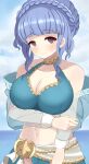  1girl alternate_costume bad_id bad_twitter_id bikini blue_bikini blue_hair blue_sarong breasts cleavage cloud cloudy_sky fire_emblem fire_emblem:_three_houses fire_emblem_heroes grey_eyes highres kocha_(jgug7553) large_breasts marianne_von_edmund marianne_von_edmund_(summer) official_alternate_costume sarong sky swimsuit water 