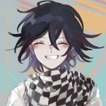  1boy :d black_hair blush checkered_clothes checkered_scarf danganronpa_(series) danganronpa_v3:_killing_harmony facing_viewer grey_jacket grin highres jacket long_sleeves male_focus multicolored_hair oma_kokichi portrait scarf smile solo teeth two-tone_hair upper_teeth_only xiangdao_jiu_wenyi_fuxing_yixia 