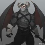  1boy abs animal_ears bara black_fur bone_mask chest_harness colored_sclera demon_boy demon_wings feet_out_of_frame furry furry_male harness holding holding_staff horned_mask jaguar_boy jaguar_ears large_pectorals looking_to_the_side male_focus mask muscular muscular_male nipple_piercing nipple_rings nipples original pectorals piercing red_sclera rollingstonex6 shaman short_hair smile solo staff stomach tail thick_arms thick_tail thick_thighs thighs wings 