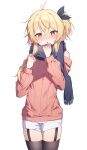  1girl :o black_ribbon black_scarf blonde_hair blush hair_ribbon highres long_hair long_sleeves open_mouth original ponytail red_sweater ribbon scarf shorts solo sweater thighhighs ugwa white_shorts 