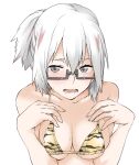  1girl animal_print bare_shoulders bikini black-framed_eyewear black_bikini blush boku_no_hero_academia breasts cleavage collarbone commentary elf_(stroll_in_the_woods) glasses grey_eyes hair_between_eyes hair_up hands_on_own_chest leaning_forward lower_teeth_only medium_breasts micro_bikini multicolored_hair nose_blush open_mouth ponytail print_bikini rectangular_eyewear red_hair semi-rimless_eyewear sideboob simple_background solo sweat swimsuit teeth textless_version tiger_print tiger_stripes todoroki_fuyumi two-tone_bikini two-tone_hair under-rim_eyewear underboob upper_body upturned_eyes w_arms white_background white_hair yellow_bikini 