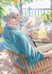  1boy blue_eyes blue_shirt brown_pants chair closed_mouth cowboy_shot cup flower_pot food fruit gojou_satoru hand_up highres holding holding_cup jujutsu_kaisen leaf lemon lemon_slice lemonade looking_at_viewer male_focus pants round_eyewear s0311_tre shirt short_hair sitting sleeves_rolled_up smile solo sunglasses table twitter_username white_hair 