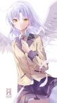  1girl angel_beats! blazer cryne feathers grey_hair highres jacket long_hair looking_at_viewer ribbon school_uniform serafuku skirt tachibana_kanade white_background white_hair wings yellow_eyes 