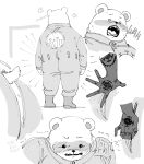  2023 anthro bear bepo_(one_piece) blush butt clothed clothing dot_eyes duo hi_res human humanoid_hands male mammal minkmen_(one_piece) monochrome nekokat42 one_piece polar_bear simple_background slightly_chubby solo solo_focus surprise tattoo text trafalgar_law ursine 