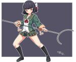  1girl black_footwear black_hair black_socks full_body fur-trimmed_sleeves fur_trim green_jacket green_sailor_collar green_skirt hair_ribbon holding ishigaki_(kancolle) jacket kantai_collection loafers long_sleeves miniskirt multiple_girls neck_ribbon pleated_skirt pom_pom_(clothes) purple_eyes red_ribbon ribbon sailor_collar school_uniform senon serafuku shoes short_hair skirt socks solo standing white_ribbon 