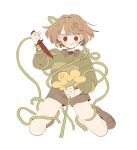  1other anger_vein blush brown_hair brown_shorts chara_(undertale) closed_mouth flower flowey_(undertale) green_sweater heart heart_necklace holding holding_flower holding_knife jewelry knife medium_hair necklace ojirand shorts simple_background smile solo striped striped_sweater sweater undertale white_background yellow_flower 