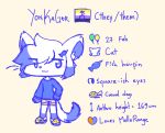  2022 accessory ambiguous_gender anthro biped blue_body blue_clothing blue_ears blue_eyes blue_fur blue_hair blue_tail blush blush_lines character_name child clothing domestic_cat english_text felid feline felis fur hair hair_accessory hairpin lgbt_pride mammal model_sheet nonbinary_(lore) nonbinary_pride_colors paws pride_colors pronouns smile solo tail tan_clothing text topwear white_body white_fur white_hair white_tail yellow_clothing yon_(yonkagor) yonkagor young 