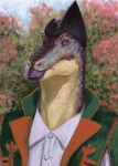  2023 anthro beak black_clothing black_hat black_headwear blue_markings brown_body brown_scales bust_portrait button_(fastener) clothed clothing collared_shirt digital_media_(artwork) digital_painting_(artwork) dinosaur dyna_soar edmontosaurus fantasy flower green_clothing green_jacket green_markings green_topwear hat headgear headwear hi_res impressionist_background jacket looking_at_viewer male markings montera multicolored_body outside plant portrait red_clothing reptile saurian_(disambiguation) scales scalie signature sky solo spain standing three-quarter_view topwear yellow_eyes 