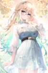  1girl absurdres aizawa_ema blonde_hair blue_eyes blunt_bangs blush breasts casual glasses gradient_hair green_hair hair_flaps highres large_breasts long_hair multicolored_hair smile solo sugiki thighs virtual_youtuber vspo! 