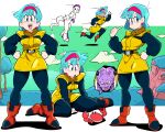  1girl 2boys belt blue_eyes blue_hair boots breasts bulma captain_ginyu cloud colored_skin crab dragon_ball dragon_ball_z earrings frieza grass green_sky hairband highres index_finger_raised jewelry looking_at_viewer multiple_boys multiple_views namek ocean on_ground open_mouth purple_skin red_hairband running scott_malin short_hair sitting sky speech_bubble spoken_character standing tree wariza white_skin 