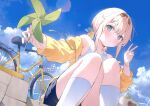  1girl absurdres aqua_eyes bag bicycle blonde_hair blue_shorts blush cloud cloudy_sky day dot_nose feet_out_of_frame hairband hana_mori highres holding_pinwheel hololive kazama_iroha kneehighs looking_at_viewer off_shoulder outdoors parted_lips pinwheel pokobee scan shorts sidelocks sitting sky socks solo v virtual_youtuber white_socks 