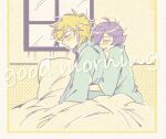  2boys artist_name bed blanket blonde_hair blue_shirt blush border char_aznable closed_eyes closed_mouth english_text garma_zabi good_morning gundam head_on_another&#039;s_back hug hug_from_behind indoors long_sleeves male_focus messy_hair mobile_suit_gundam multiple_boys on_bed open_mouth pajamas pillow purple_hair shiikura shirt short_hair signature sleep_bubble under_covers waking_up white_border window yaoi 