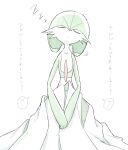  1boy artist_name bob_cut closed_eyes closed_mouth colored_skin commentary dot_mouth gardevoir green_hair green_skin hair_between_eyes male_focus matsuriya_(pixiv_79070753) multicolored_skin otoko_no_ko own_hands_together pokemon pokemon_(creature) short_hair signature simple_background sitting sleeping solo speech_bubble straight-on third-party_source translation_request two-tone_skin u_u white_background white_skin zzz 
