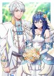  1boy 1girl ameno_(a_meno0) ascot bare_shoulders belt blue_ascot blue_eyes blue_hair bouquet bride_(fire_emblem) brown_belt brown_eyes closed_mouth collarbone commentary couple detached_sleeves dress fire_emblem fire_emblem_awakening fire_emblem_heroes flower formal grin groom hair_between_eyes hair_flower hair_ornament highres holding holding_bouquet jewelry long_hair long_sleeves looking_at_viewer lucina_(fire_emblem) necklace official_alternate_costume robin_(fire_emblem) robin_(male)_(fire_emblem) robin_(male)_(groom)_(fire_emblem) rose see-through short_hair smile suit tiara wedding_dress white_dress white_flower white_hair white_sleeves white_suit yellow_flower yellow_rose 