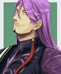  1boy duryodhana_(fate) earrings facial_hair fate/grand_order fate_(series) goatee goatee_stubble green_background jewelry looking_at_viewer makotooo_345 male_focus mature_male purple_eyes purple_hair sash shoulder_sash single_earring smile two-tone_background upper_body white_background 