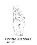  anthro beanie big_butt butt clothed clothing dinosaur english_text erin_(snoot_game) female hat headgear headwear hi_res humor meme monochrome orange_bongo rear_view reptile scalie simple_background sketch snoot_game_(fan_game) solo spiked_tail spikes spikes_(anatomy) standing text thick_thighs white_background wide_hips 
