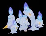  black_background blue_fire candle closed_eyes closed_mouth commentary_request fire full_body lil litwick looking_at_another melting no_humans pokemon pokemon_(creature) simple_background smile standing yellow_eyes 