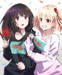  2girls :o arm_hug black_hair black_sweater blonde_hair blue_nails blush breasts chromatic_aberration clenched_teeth collarbone commentary floral_print flower hair_ribbon highres holding holding_flower hyoe_(hachiechi) inoue_takina long_hair looking_at_viewer lycoris_recoil multiple_girls nail_polish nishikigi_chisato open_mouth purple_eyes red_eyes red_nails red_ribbon ribbon short_hair sidelocks simple_background smile spider_lily sweater teeth upper_body white_background white_sweater yuri 