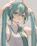  1girl aqua_eyes aqua_hair aqua_necktie arms_up double_v hair_between_eyes hands_up hatsune_miku highres long_hair looking_at_viewer microphone necktie shirt simple_background sleeveless sleeveless_shirt solo twintails upper_body v very_long_hair vocaloid white_background yukihira_makoto 