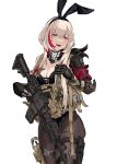  1girl animal_ears assault_rifle black_corset black_gloves black_pantyhose blonde_hair breasts chest_rig corset fake_animal_ears girls&#039;_frontline gloves gun highres m4_sopmod_ii m4_sopmod_ii_(girls&#039;_frontline) mechanical_arms multicolored_hair mutugorou_u optical_sight pantyhose playboy_bunny red_eyes rifle smile solo streaked_hair weapon white_background 