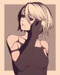  1girl border breasts closed_mouth collarbone elbow_gloves gloves hair_between_eyes hand_in_own_hair limited_palette mole mole_under_mouth moshimoshibe nier:automata nier_(series) outside_border short_hair small_breasts smile solo upper_body white_border yorha_type_a_no._2 