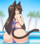  animal_humanoid big_butt blurred_background brown_hair butt butt_focus cakecatboy cat_humanoid clothing felid felid_humanoid feline feline_humanoid female frown green_eyes hair huge_butt humanoid looking_at_viewer mammal mammal_humanoid outside palm_tree plant pool rear_view solo swimwear tree unknown_character water wet 