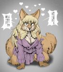  &lt;3 all_fours anthro blonde_hair canid canine clothed clothing female firecat fox grey_background hair japanese_text kitsune_youkai mammal purple_clothing simple_background solo tail text 