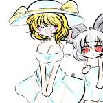  animal_ears breast_envy breasts dress drooling large_breasts looking_at_another medium_breasts mogura-san_(dra1dra3dra2) mouse mouse_ears nazrin open_mouth saliva shirt smile toramaru_shou touhou white_background white_dress white_headwear white_shirt 